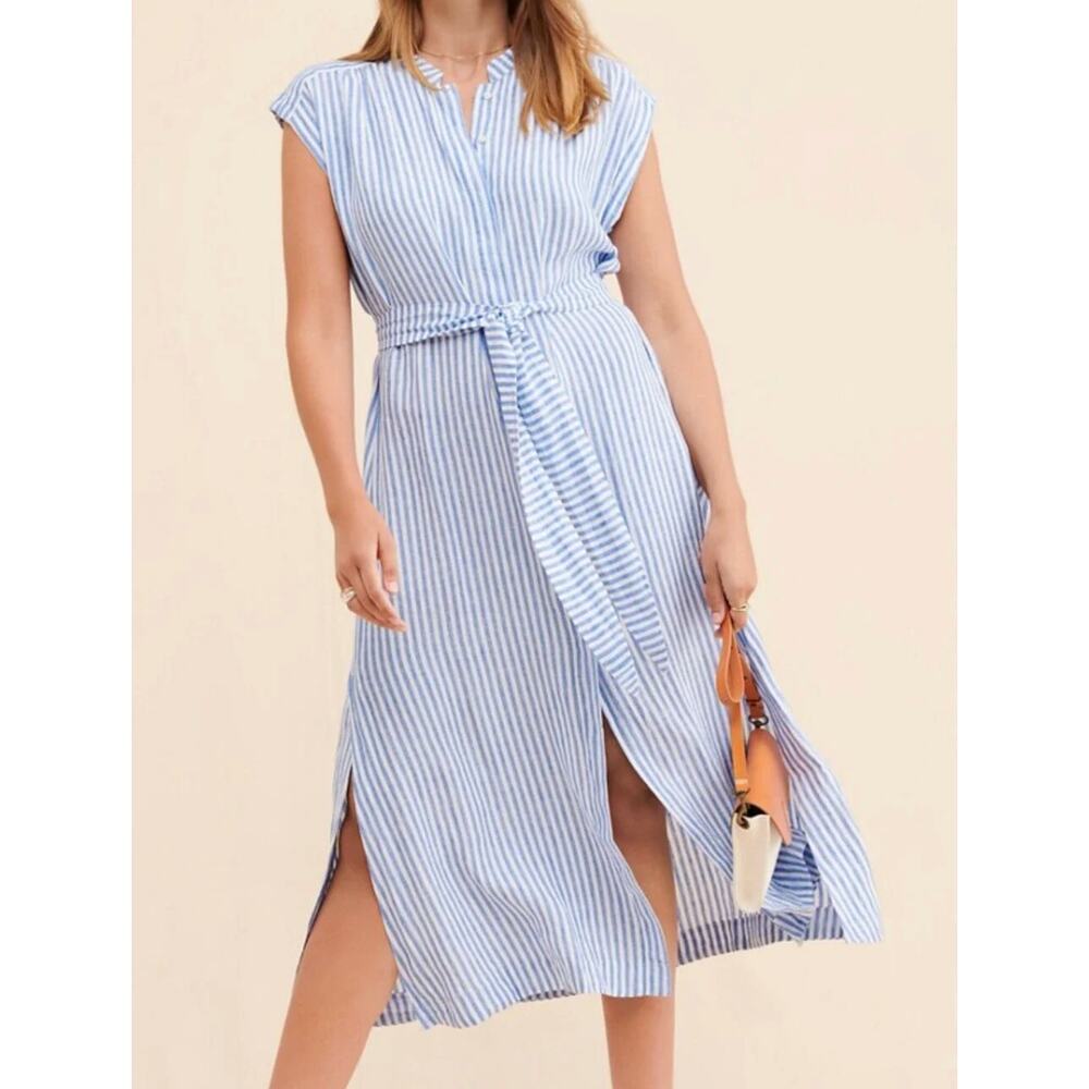 AYR Linen Sunset Midi Dress S Blue White Stripe Coastal Travel Resort Luxury - Picture 9 of 9